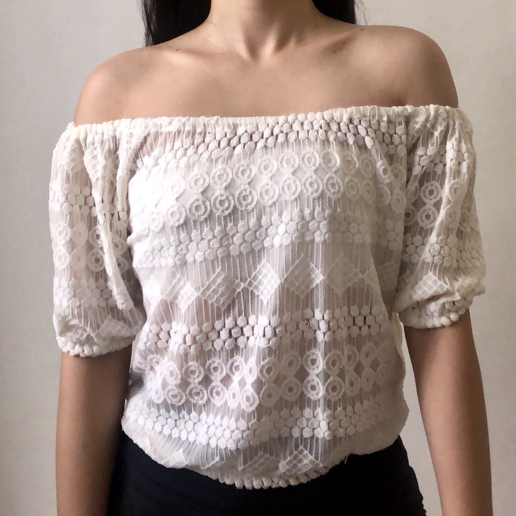 white crochet off the shoulder top