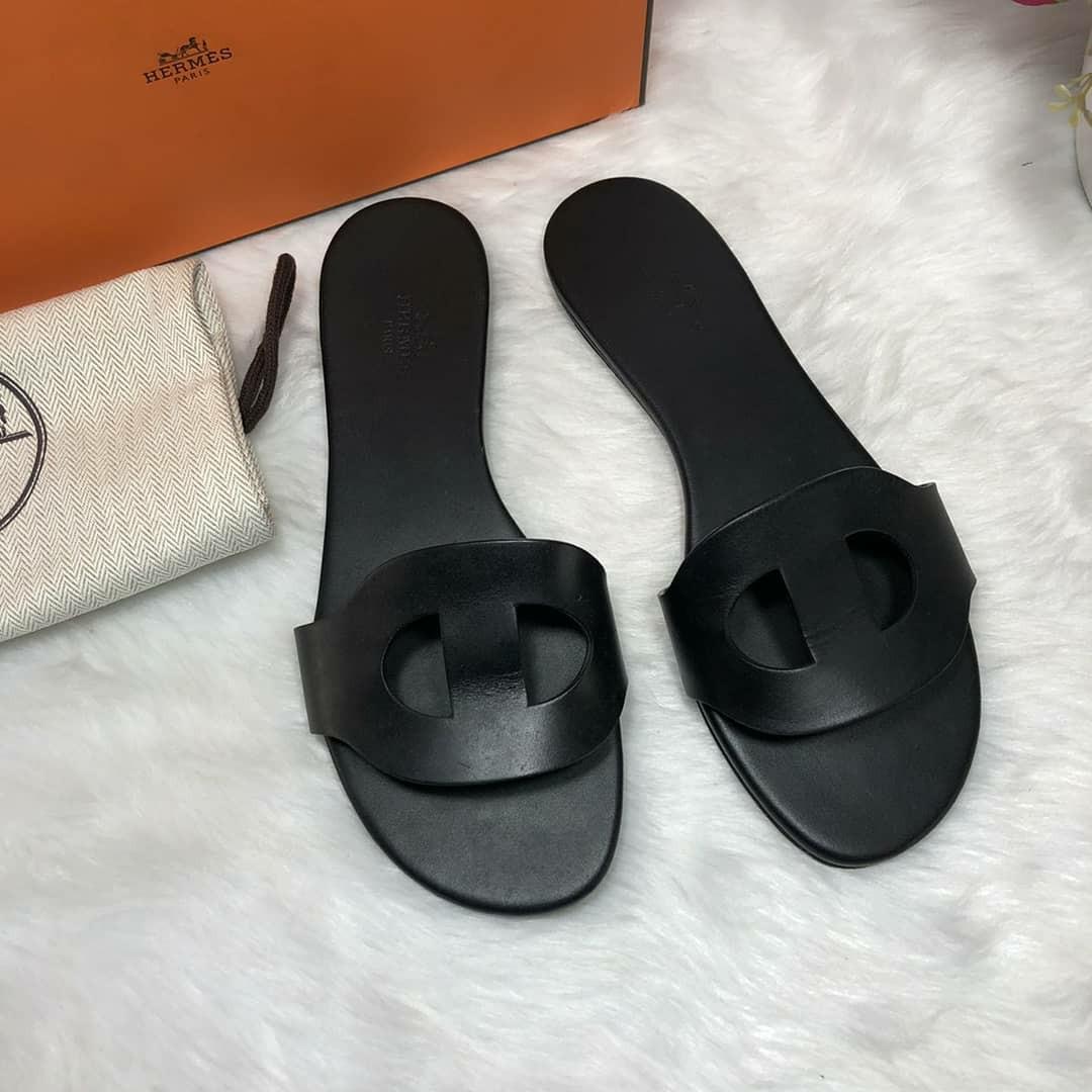 Hermes Lisboa Black Flat Sandals Size 