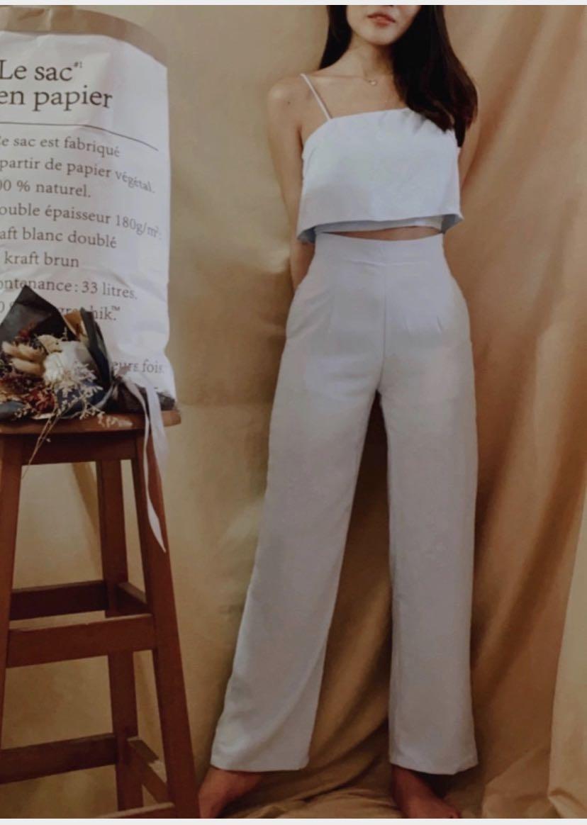 Powder Baby Blue Set High Waist Hw Flare Leg Pants With Matching Cami Swing Top Women S Fashion Bottoms Other Bottoms On Carousell