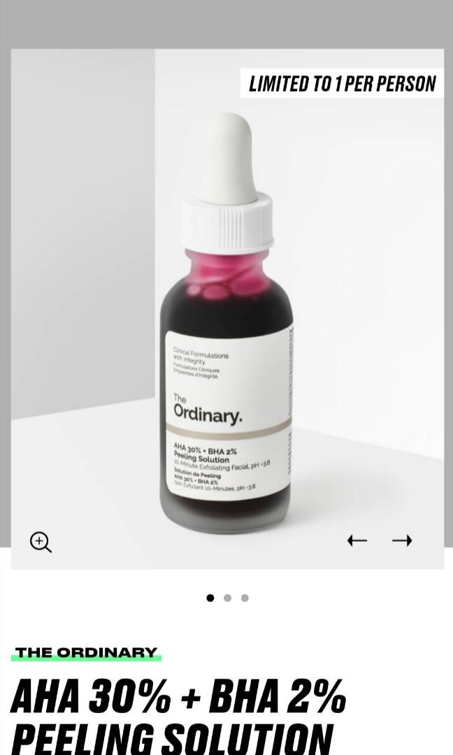 The ordinary AHA 30% + BHA 2% Peeling Solution and Niacinamide Package! (Category: Face Care) located in Manila. Submitted by amapuno12 (Listing ID 1015970700, Image 2). Description: Hello all! Im selling this authentic perfect combo from the ordinary. AHA BHA peeling solution and niacinmide for only 1400 pesos =) If AHA Bha only, 850 NIACINAMIDE. 650 10000000% authentic! Few bottles lang po to kase walang bulk na nabibili sa US. If fake, x2 of y
