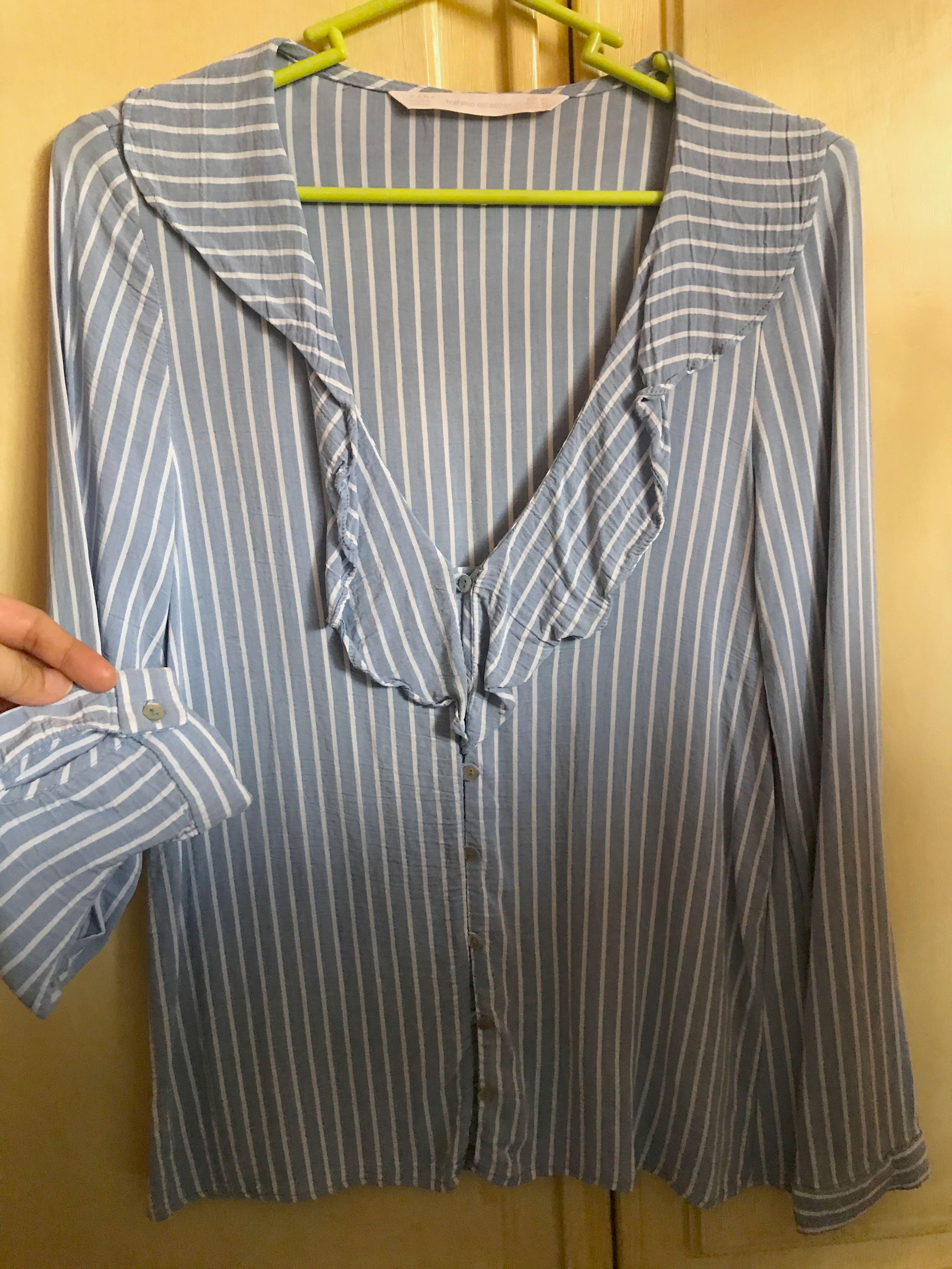 zara blue ruffle blouse