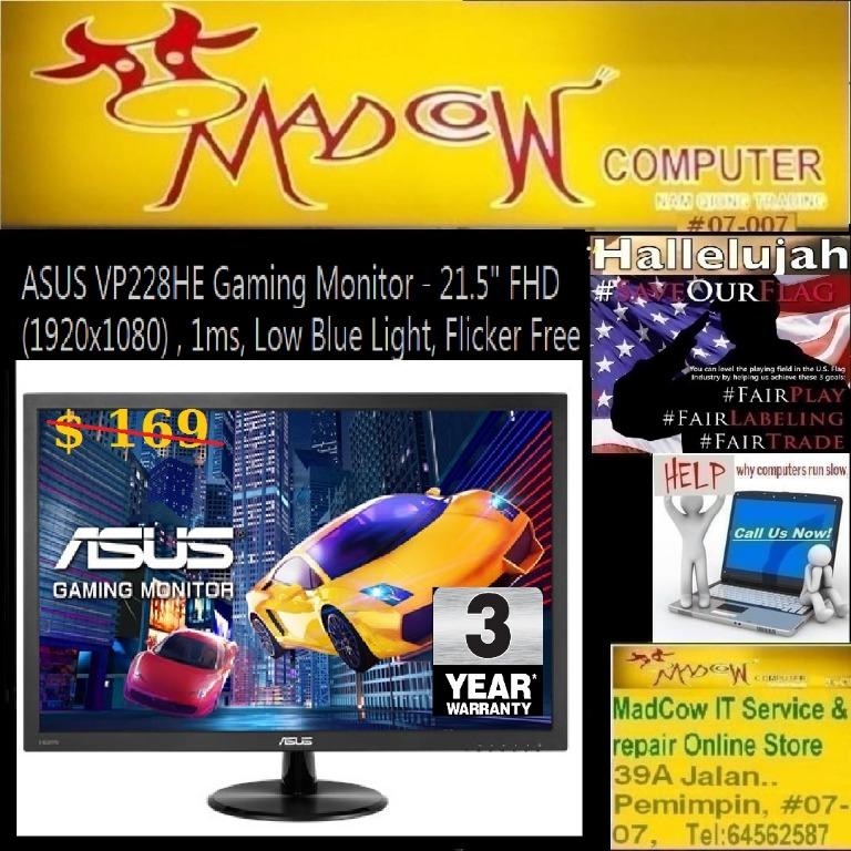 Asus Vp228he Gaming Monitor 21 5 Fhd 1920x1080 1ms Low Blue Light Flicker Free Tn 3y Or