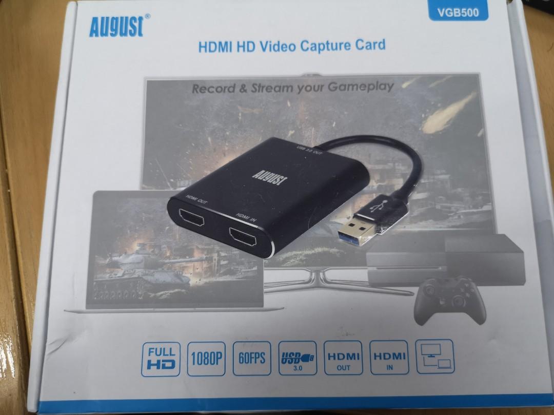 August HDMI Capture Card August VGB500 USB 3.0 Full HD 1080p 60fps Capture Record and Stream PS4 Xbox One and Nintendo Switch for PC Mac