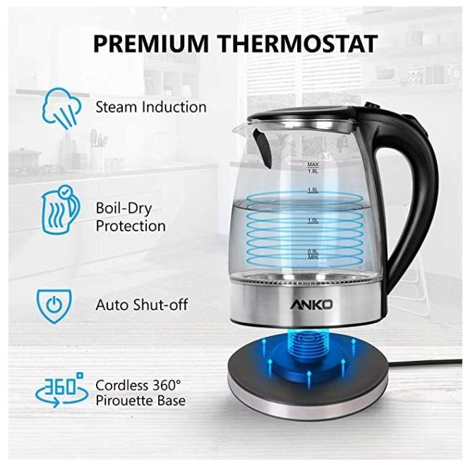 1L Electric BPA-Free Glass Kettle, Cordless 360°, Blue LED , Auto Shut-Off