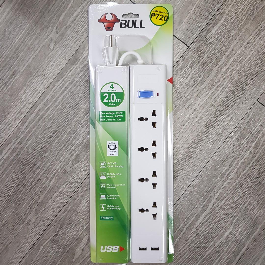 BULL 4 sockets extension cord with USB (Category: Electrical, Adaptors & Sockets) located in Quezon City. Submitted by becoming.minimalistph (Listing ID 1016000663, Image 1). Description: For electronics used in indoor environment, home appliance, office computer, precious instruments, electronic equipment, and so on. 4 sockets 2 meter cable Max voltage: 250V Max power: 2500W Max current: 10A.