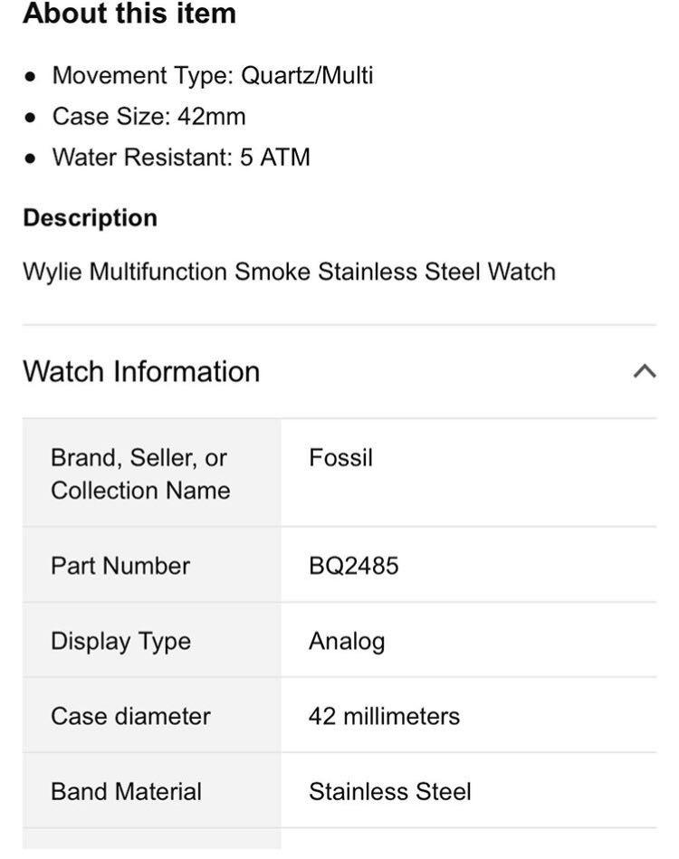 Fossil Wylie Multifunction Smoke Watch BQ 2485 Luxury Watches on