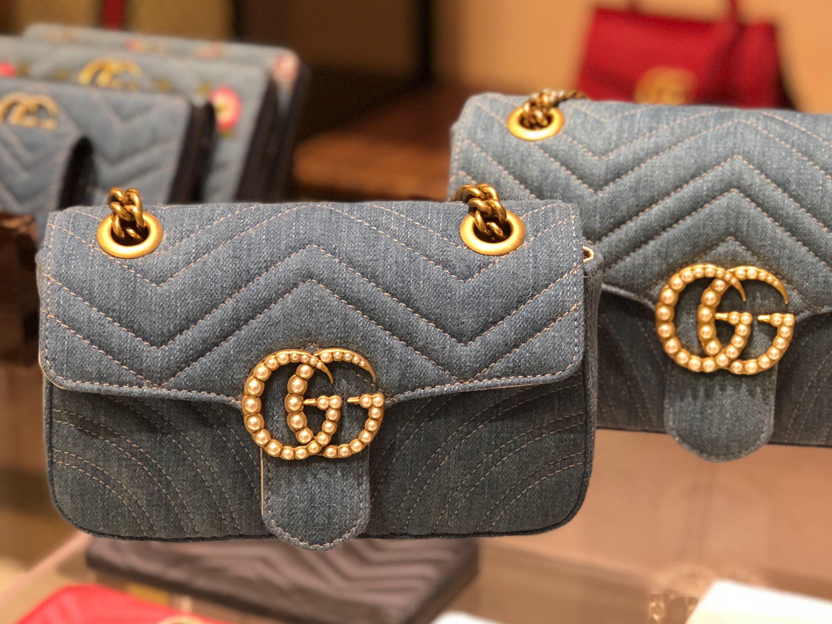 Gucci Denim Matelasse Pearl Studded Small GG Marmont Chain Shoulder Bag  Blue – STYLISHTOP