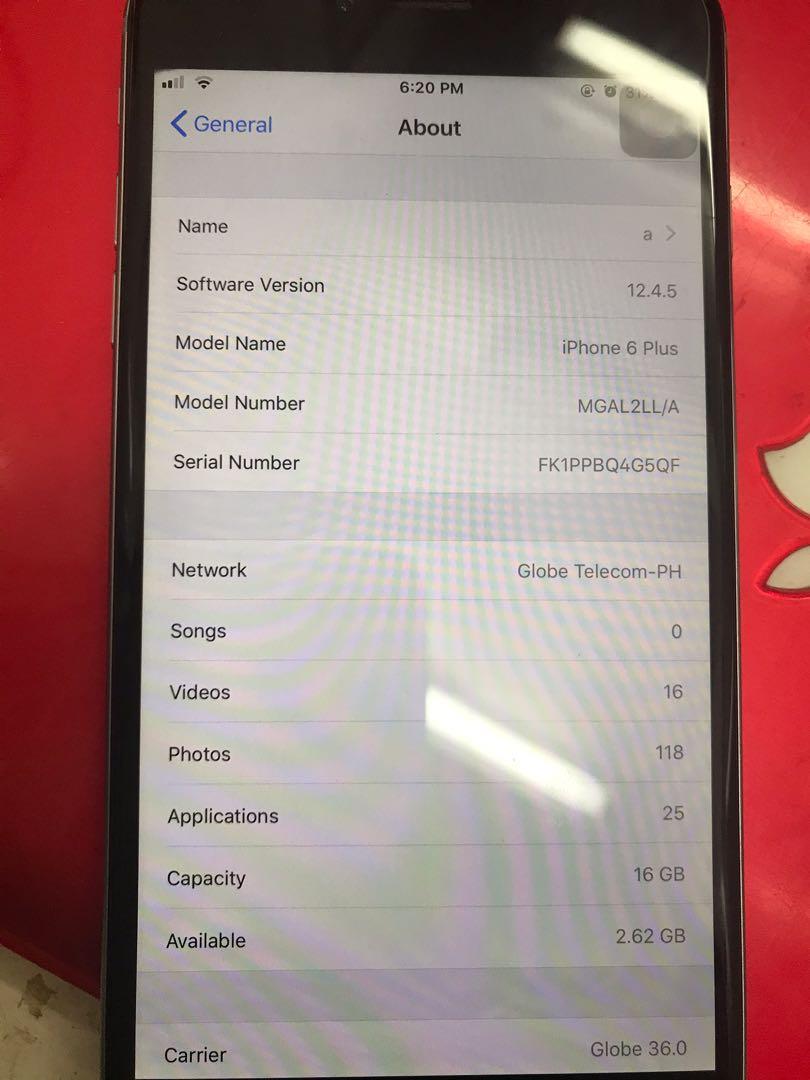 iPhone 6 Plus 100% BATT (Category: iPhone 6 Series) located in Paranaque City. Submitted by dpasg (Listing ID 1016096946, Image 3). Description: iPhone 6 PLUS 16 GB FU (Factory Unlocked) 100% BATTERY HEALTH scratches and small black part on top left part but doesn't affect the phone..