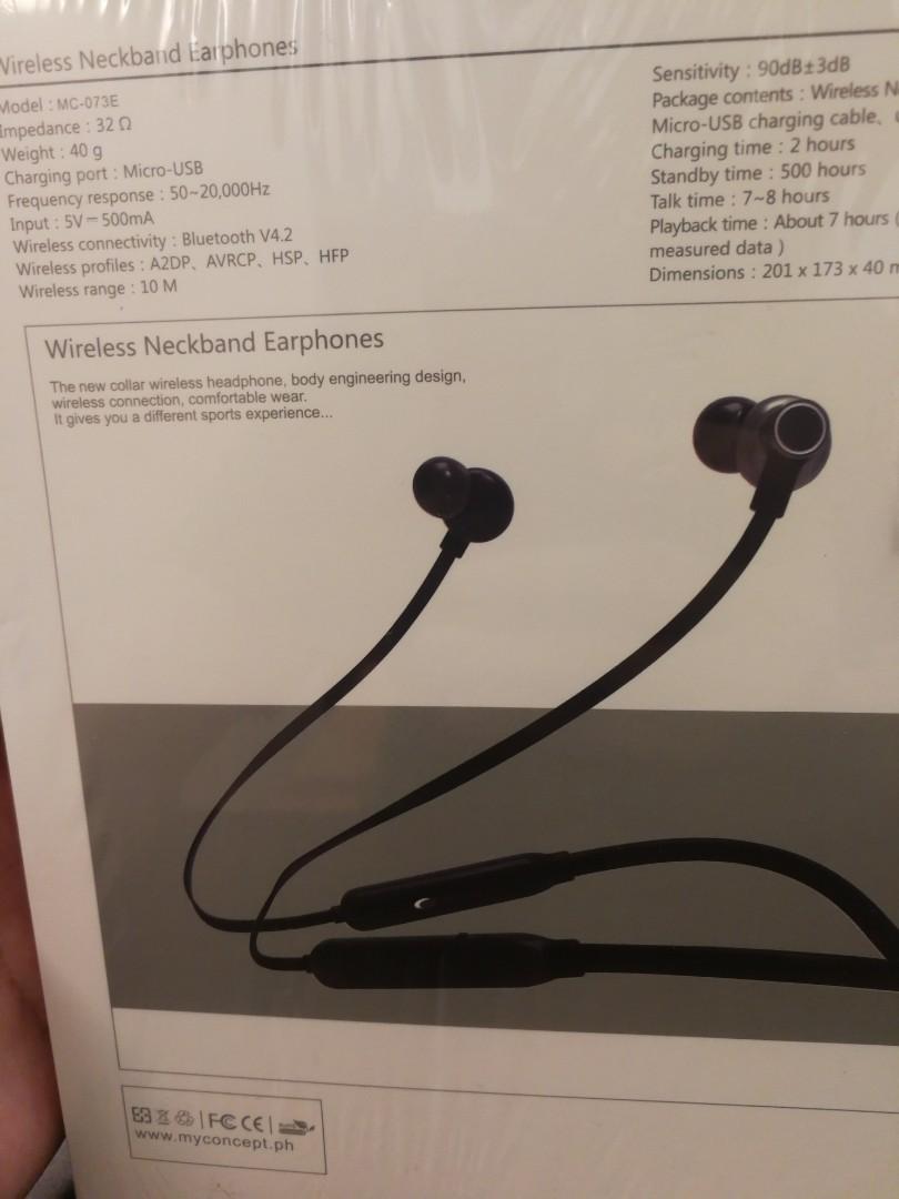 MC-073E Wireless Neckband Earphones (Category: Earphones) located in Cainta. Submitted by metrocitus (Listing ID 1016170234, Image 2). Description: Brand new wireless earphones, authentic and unopened..