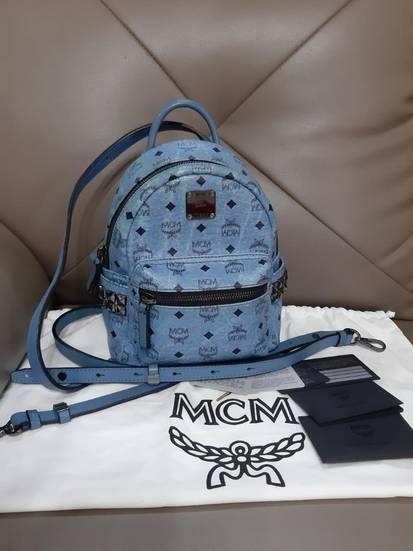 Authentic MCM canvas leather gray blue backpack shoulder bag. Hard to find.