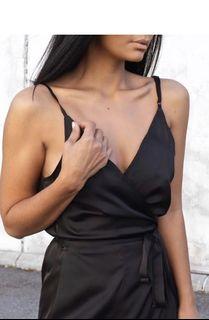 Midnight Sleeveless Satin Dress, Black