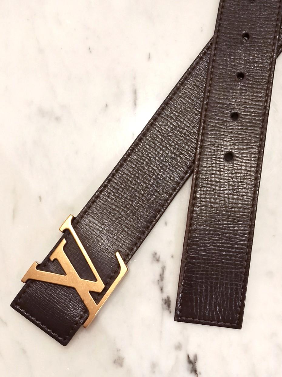 LOUIS VUITTON Brown Leather Belt MEN'S LV UTAH Initial Gold Buckle 40mm