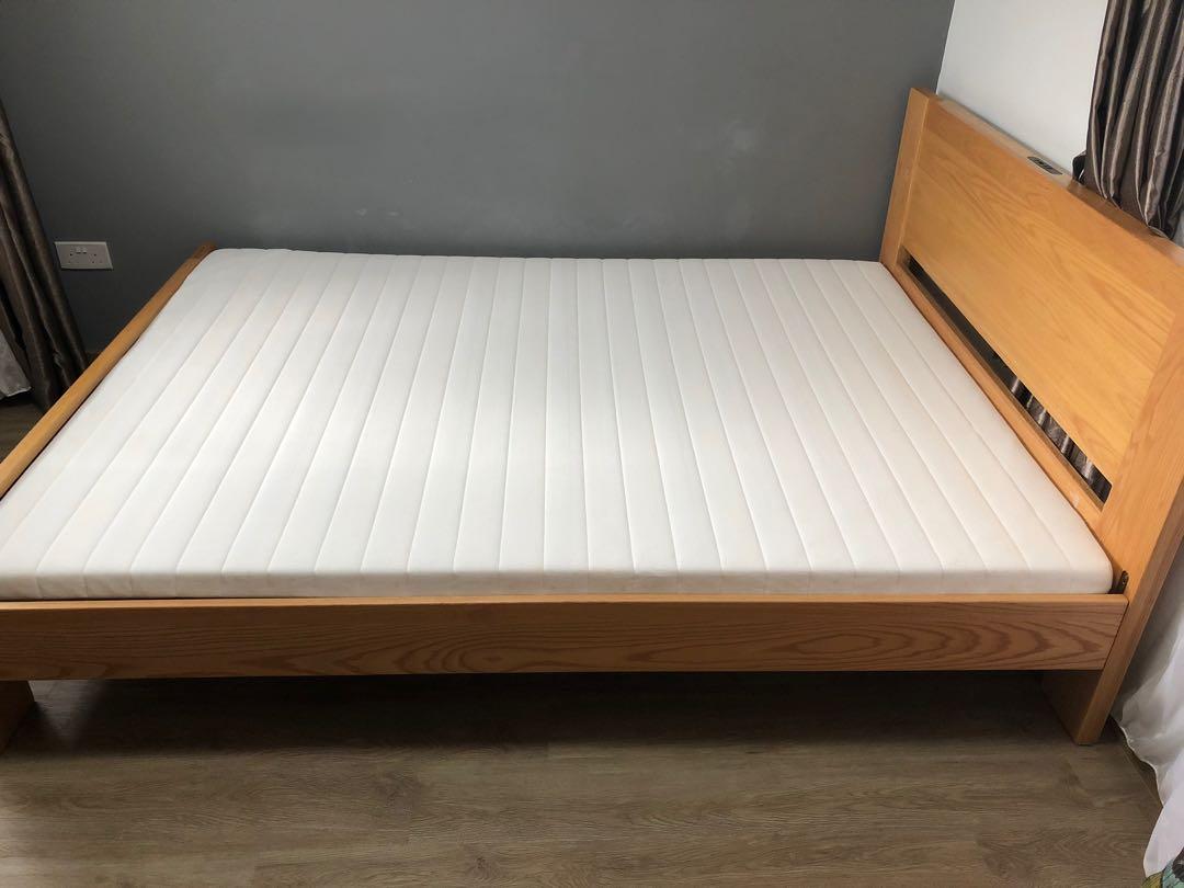 Solid Wood Queen Size Bed Frame + Ikea Mattress, Furniture & Home Living,  Furniture, Bed Frames & Mattresses On Carousell