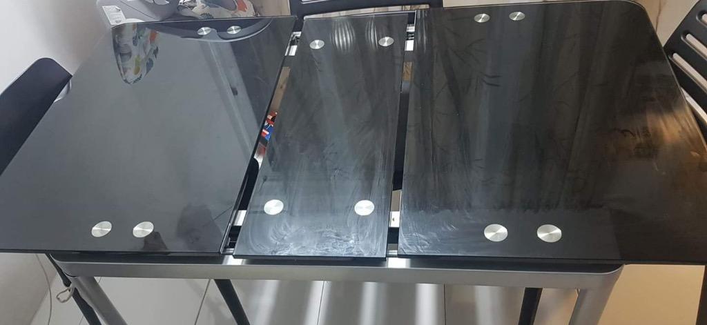 La Sedia 4-6 Extendable Dining Table (Category: Tables & Sets) located in Taguig. Submitted by richardrr_24 (Listing ID 1016613297, Image 1). Description: Pre-loved La Sedia Extendable dining table! Black mirror table top and silver base, elegant looking In good condition, no issues with extending surface table mechanism No cracks whatsoever on dining table surface Used but not abused! L54.5 [6] or 43.5 [4 seater] x W31.5 x H30.5in Excellent addi