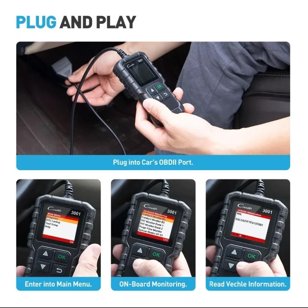 Launch Creader 3001 (Category: Tools & Equipment) located in Singapore. Submitted by shiftspot (Listing ID 1016658898, Image 2). Description: Launch OBD2 X431 reader. - Read codes - Erase codes - MIL fault light indicator - View freeze frame - O2 sensor test - I/M readiness - Vehicle info - Onboard monitor test - Live data - Multi language - EVAP system test - DTC code lookup Works with most cars, but you'll need to check if your car is OBD2 comp
