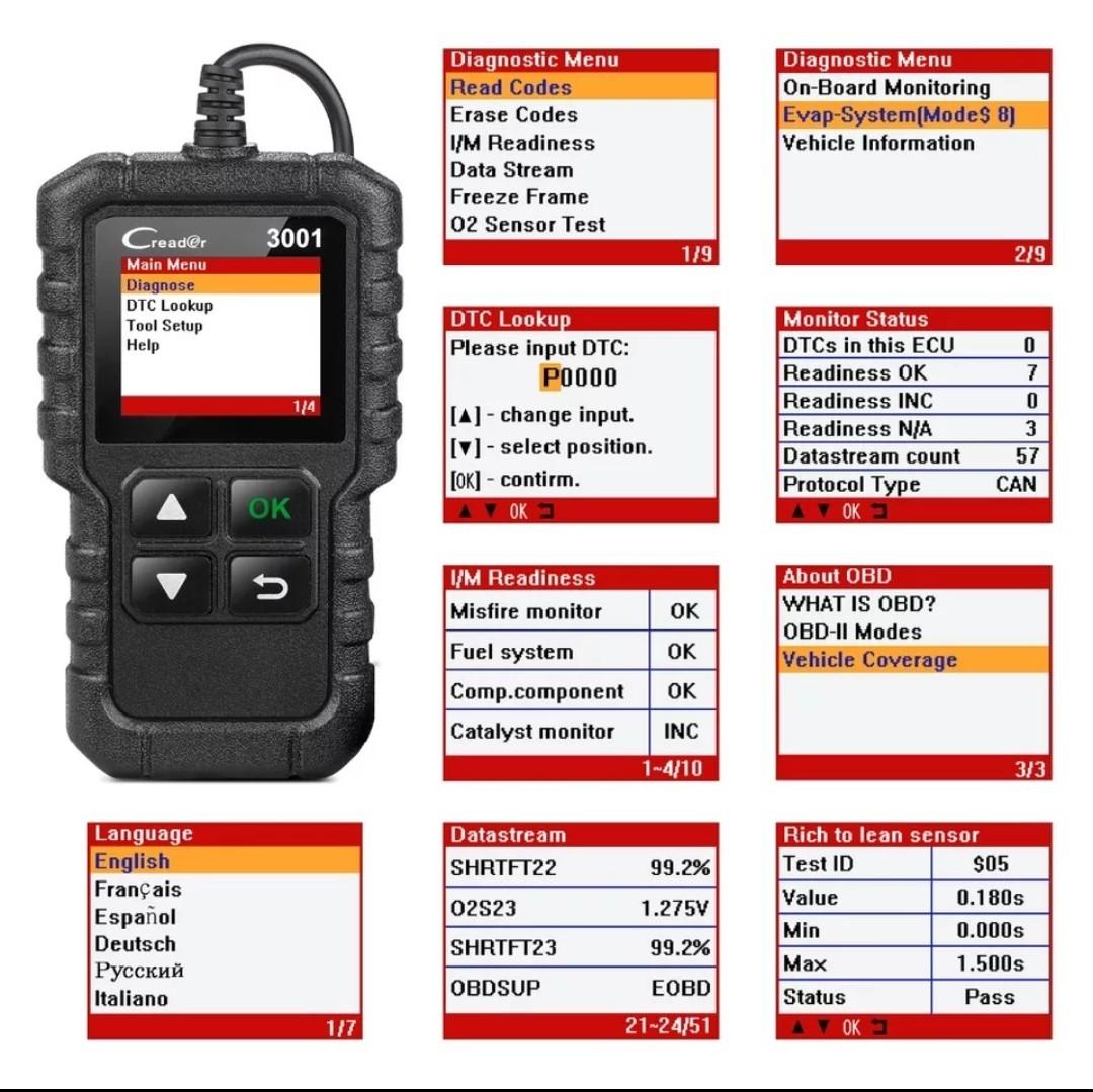 Launch Creader 3001 (Category: Tools & Equipment) located in Singapore. Submitted by shiftspot (Listing ID 1016658898, Image 3). Description: Launch OBD2 X431 reader. - Read codes - Erase codes - MIL fault light indicator - View freeze frame - O2 sensor test - I/M readiness - Vehicle info - Onboard monitor test - Live data - Multi language - EVAP system test - DTC code lookup Works with most cars, but you'll need to check if your car is OBD2 comp