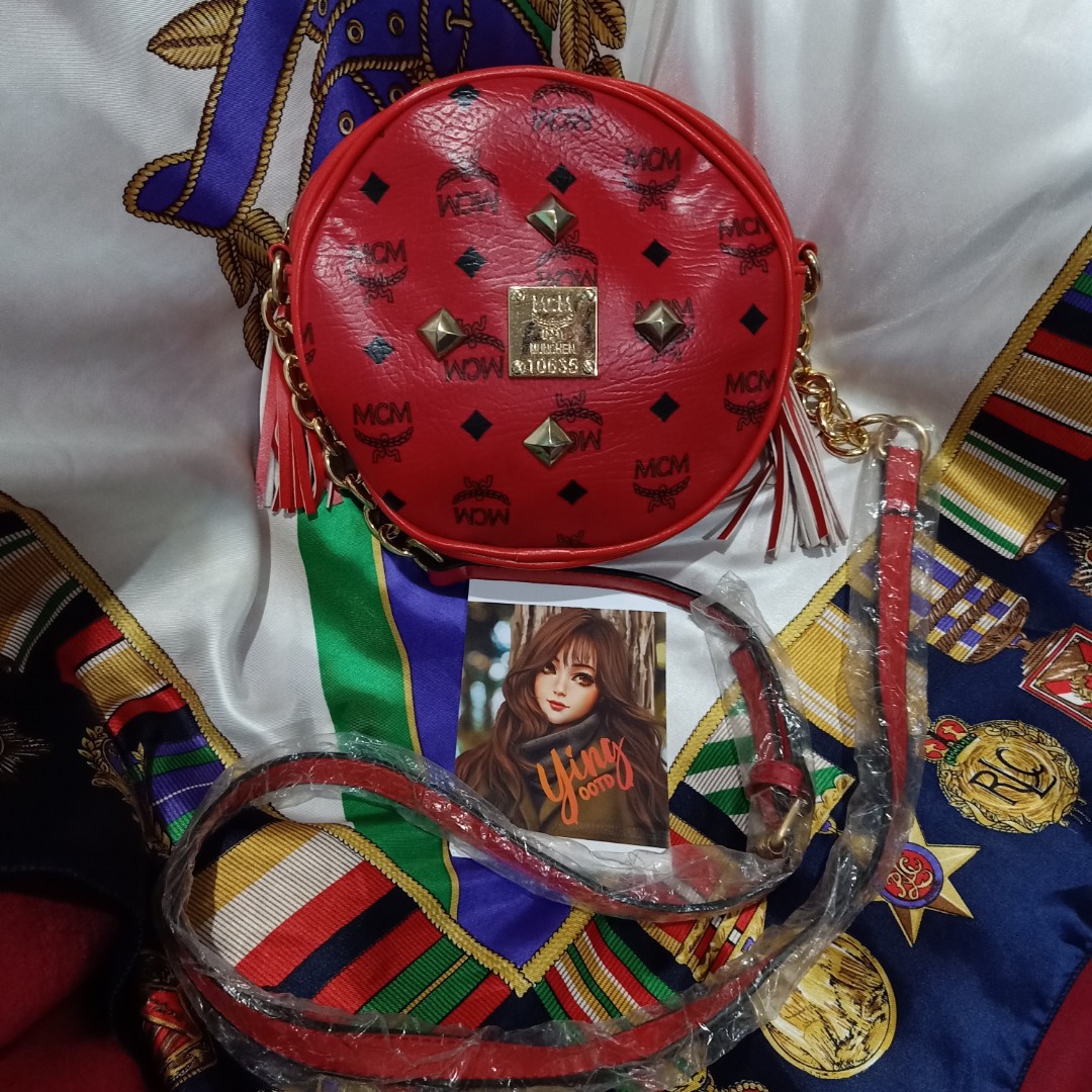 MCM round sling bag small red, Women's Fashion, Bags & Wallets, Crossbody Bags on Carousell