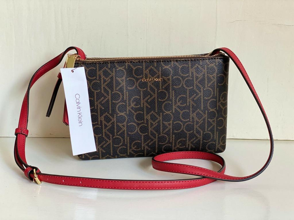 NEW! CALVIN KLEIN CK BROWN RED DOUBLE ZIP CROSSBODY SLING BAG PURSE $148  SALE, Women's Fashion, Bags & Wallets, Cross-body Bags on Carousell