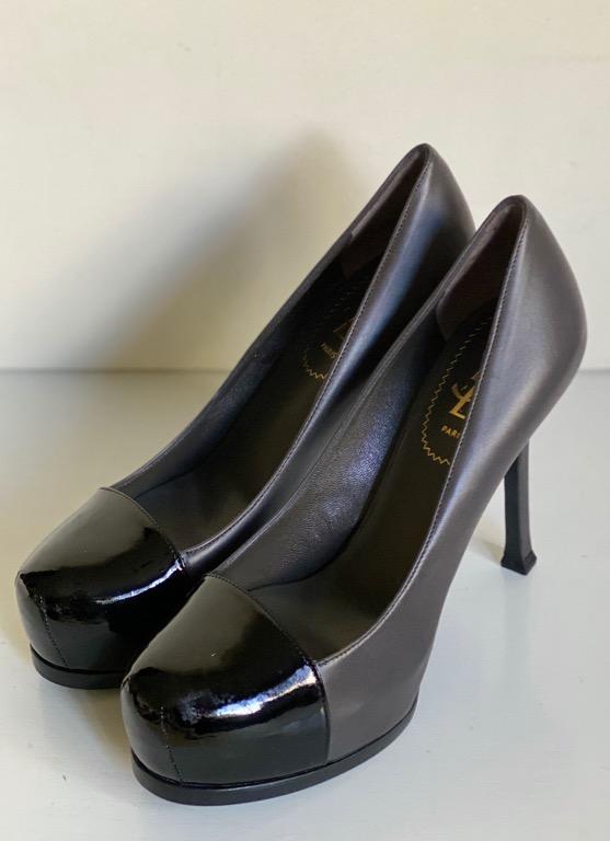 YSL YVES SAINT LAURENT TRIBTOO 80 CAP TOE GREY BLACK PUMPS SHOES 37 UK –  Afashionistastore