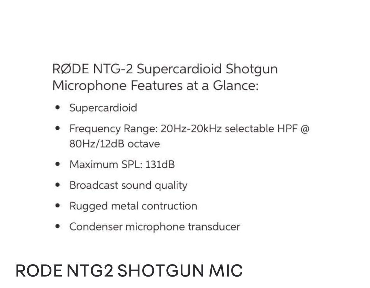 RODE NTG-2 (Category: Microphones) located in Makati City. Submitted by sounddimension.475 (Listing ID 1016536985, Image 2). Description: BRAND: RODE MODEL: NTG-2 TYPE: CONDENSER SHOTGUN MIC SPL: 131db BROADCAST QUALITY SOUND BRAND NEW .