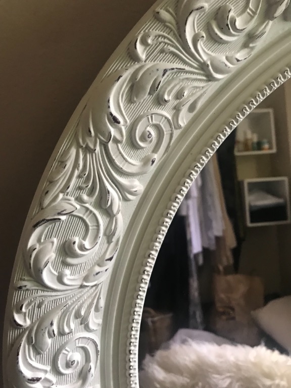 White Round Carved Wood Frame Mirror with vintage aged accents
