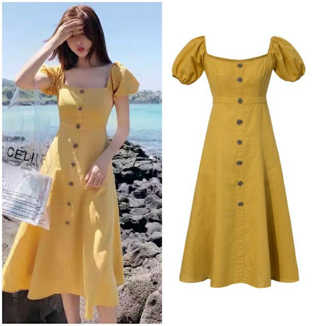 yellow button down dress
