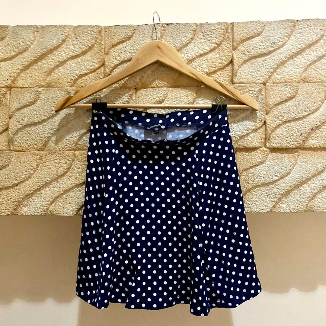 navy blue skirt with white polka dots