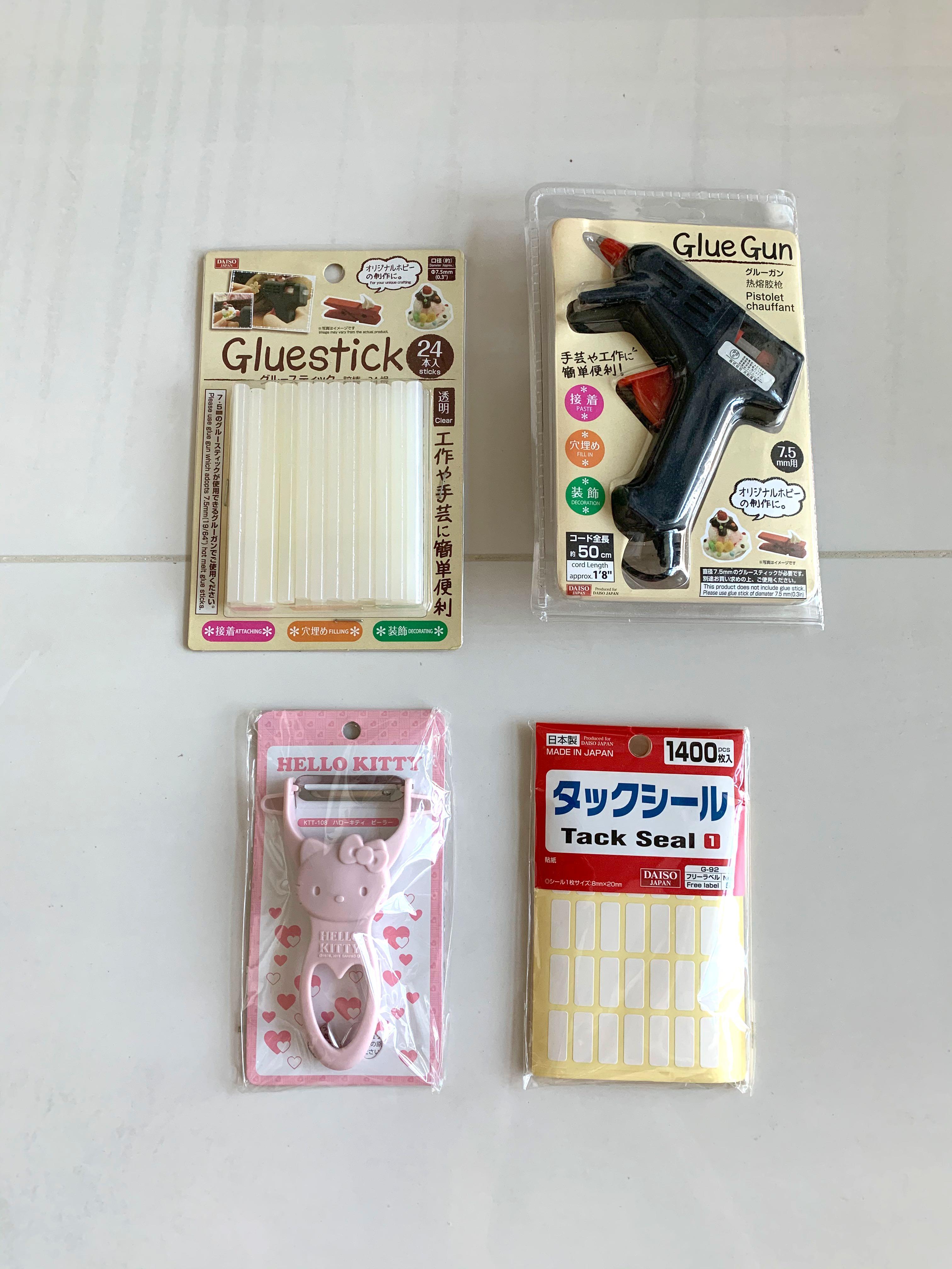 Daiso items hot glue gun, glue stick, fruits/veg peeler, tack seal