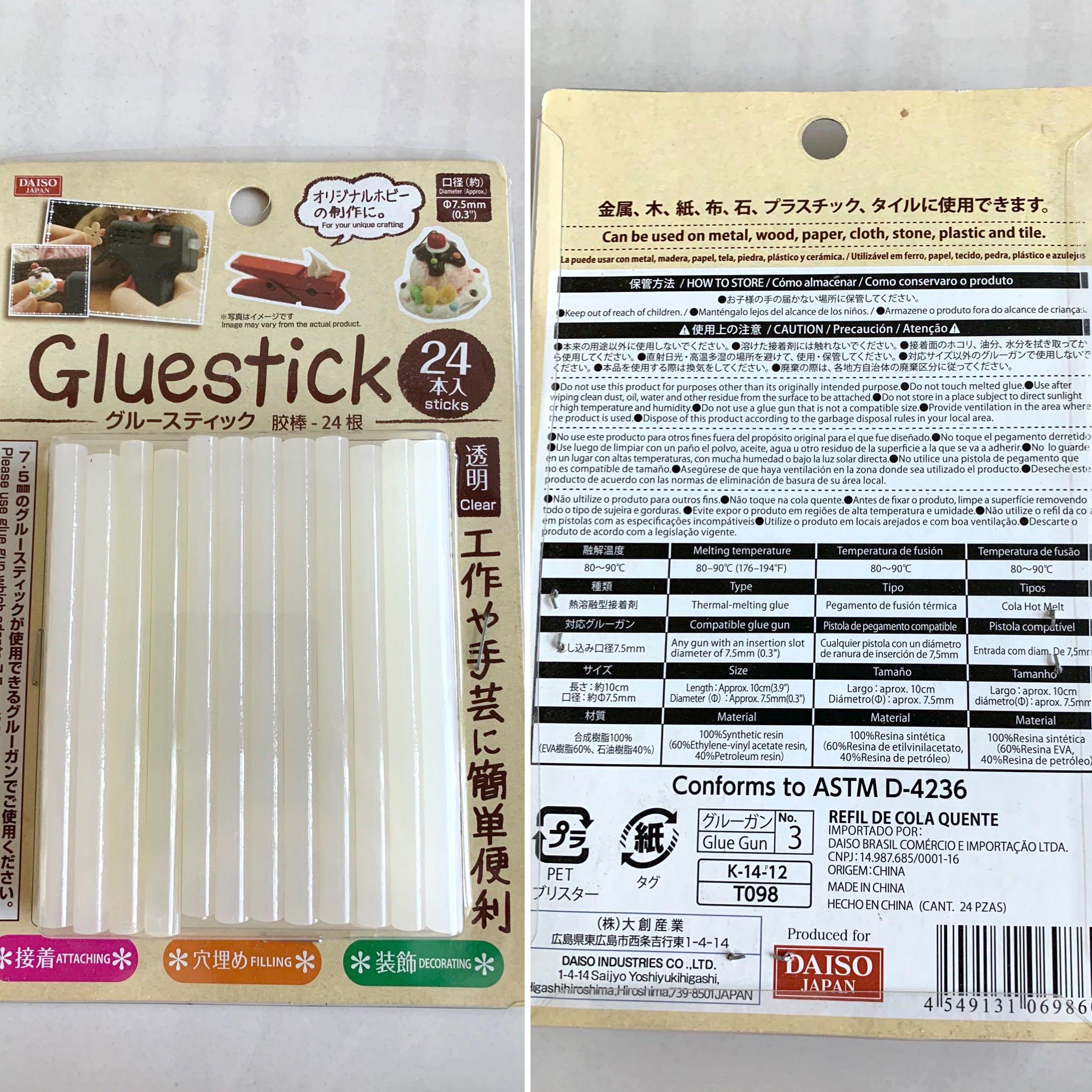 Daiso items hot glue gun, glue stick, fruits/veg peeler, tack seal