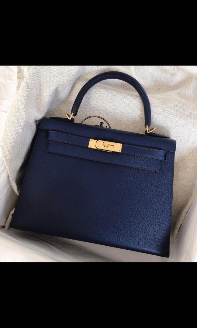 Hermes kelly 28 special order clemence leather blanc / blue nuit brush