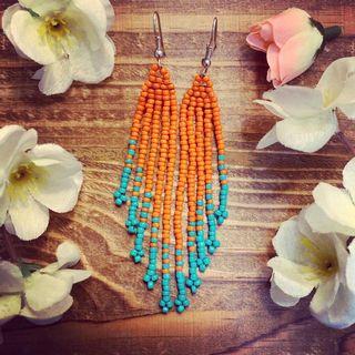 Orange turquoise handwoven fringe earringgs