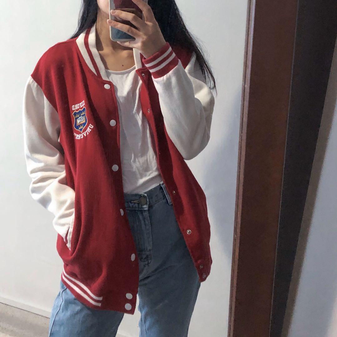 Oxford University Varsity Jacket Red/Cream, Women's Fashion, Coats