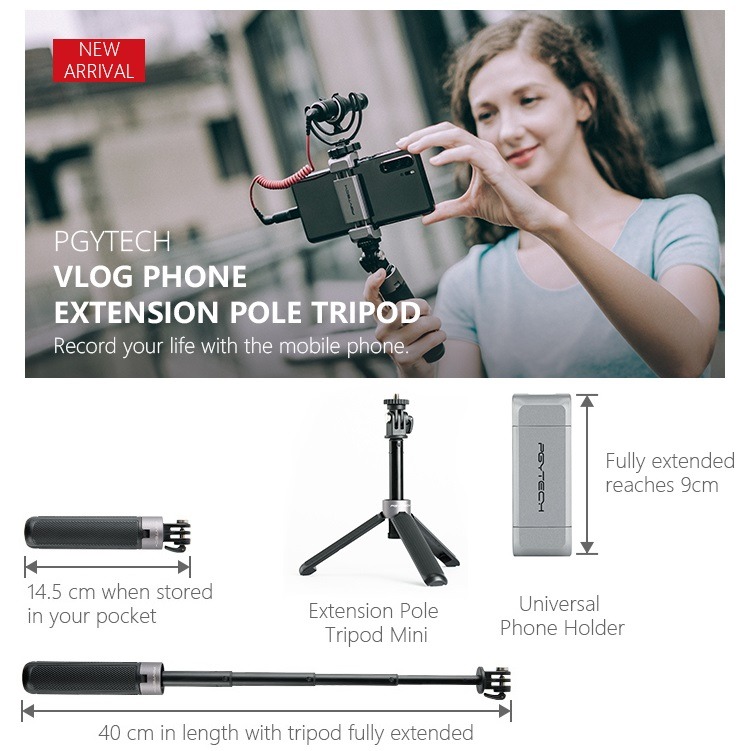 PGYTECH Vlog Phone Extension Pole Tripod Selfie Stick Microphone Mic