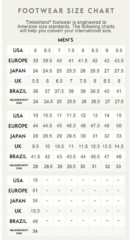 timberland men's size chart