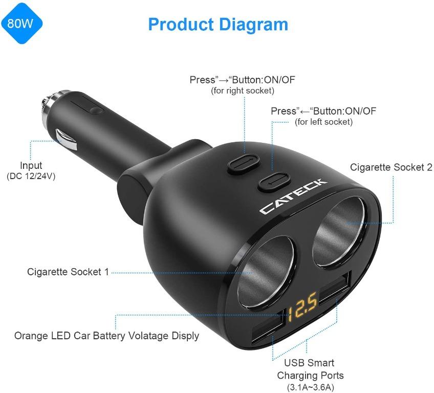 Ve Cateck 1 To 2 Sockets Cigarette Lighter Splitter Dual Usb Car Charger Adapter With Voltage Led Display Compatible With Iphone Samsung Ipad Tablets Gps 12 24v Voltage Suitable For Various Cars Electronics