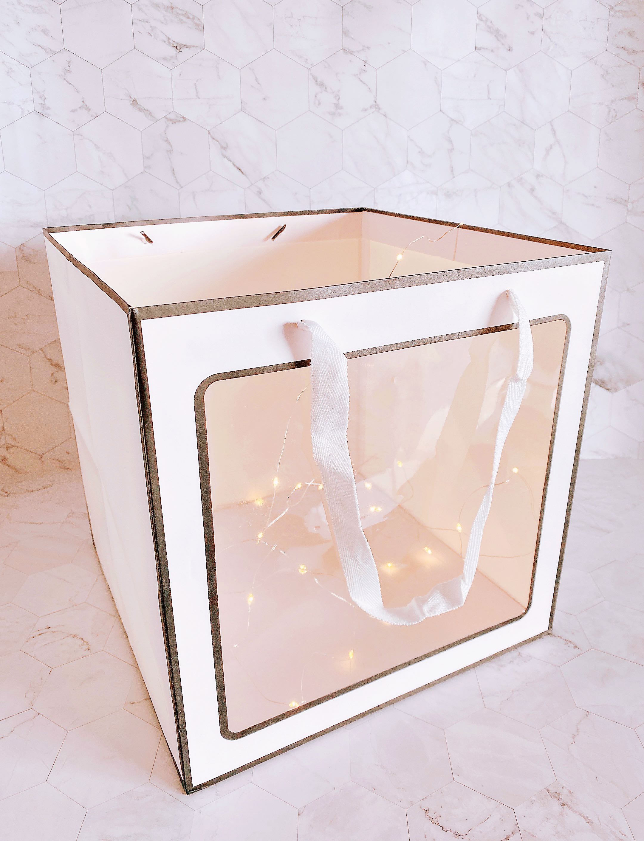 10 inch square wide base large white handcarry paper bag carrier with ...