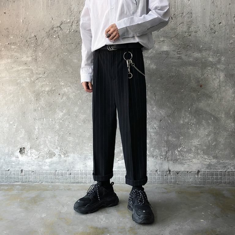 black pants with thin white stripes