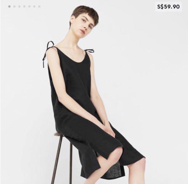 MANGO Linen Midi Slip Dress in Black with tie detail Women s Fashion Tops Sleeveless on Carousell