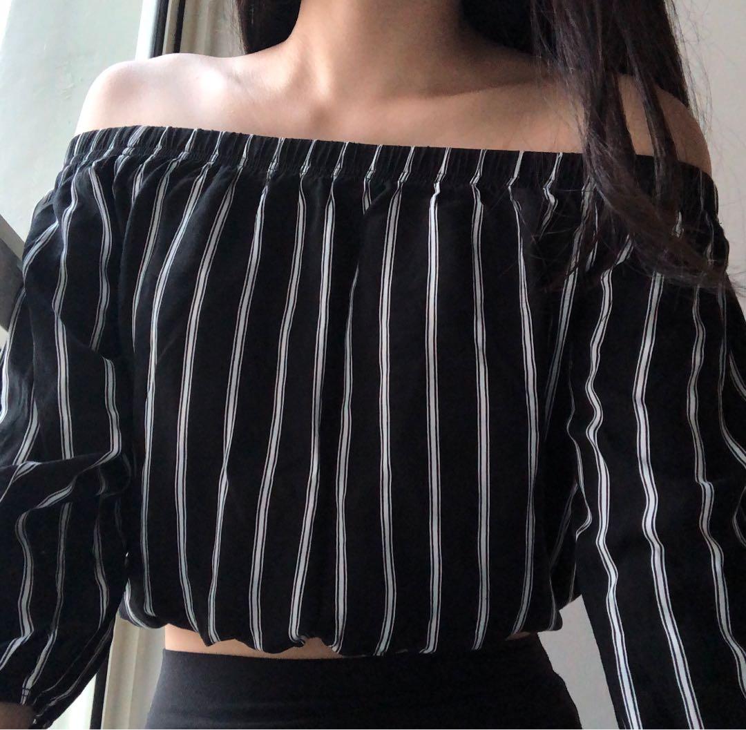 Pac Sun La Hearts Black And White Striped Off The Shoulder Women S Fashion Clothes Tops On Carousell