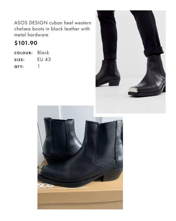 Asos Design Cuban Heel Western Chelsea Boots In Black Leather With Metal  Hardware, Men'S Fashion, Footwear, Boots On Carousell