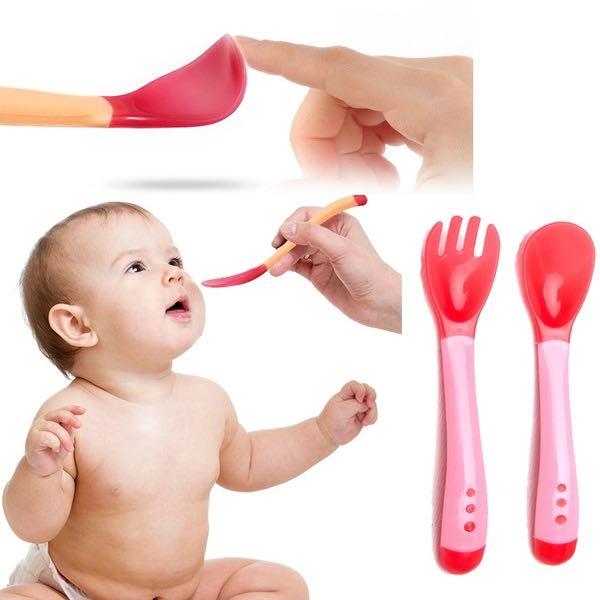 Heat sensor baby spoon and fork set infant feeding temperature sensing ...