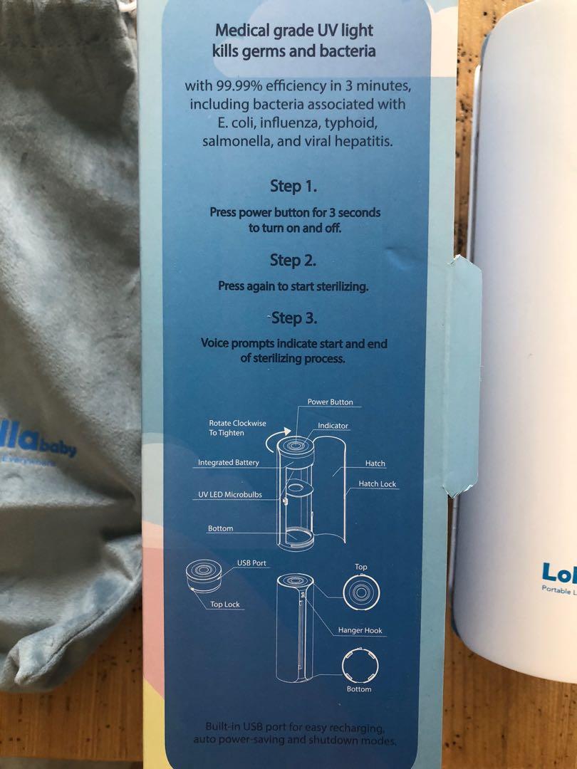 Lollababy portable uv steriliser (Category: Breastfeeding & Bottle Feeding) located in Singapore. Submitted by darrylleong (Listing ID 1010836131, Image 2). Description: UV sterilizer portable. Only brought overseas twice. As good as new, handy for travel. Can sterilize pacifier, spoons etc too. Just throw it in. .