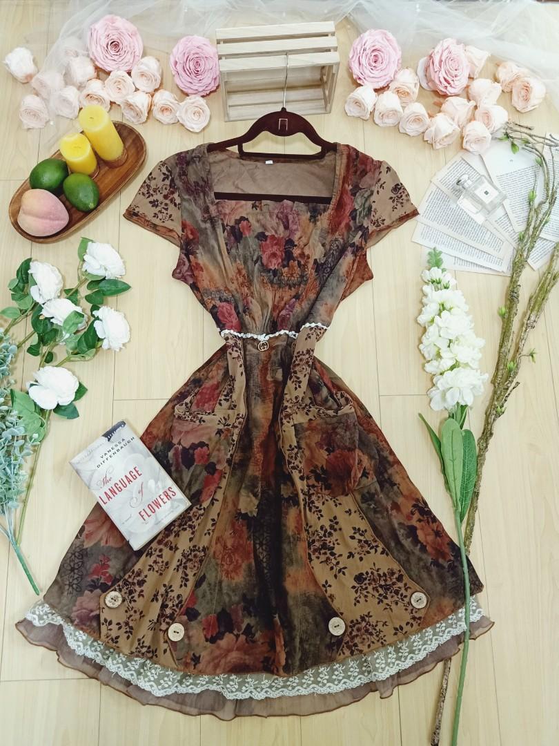 Rustic Vintage Floral Flowy Layered Ruffle Midi Dress