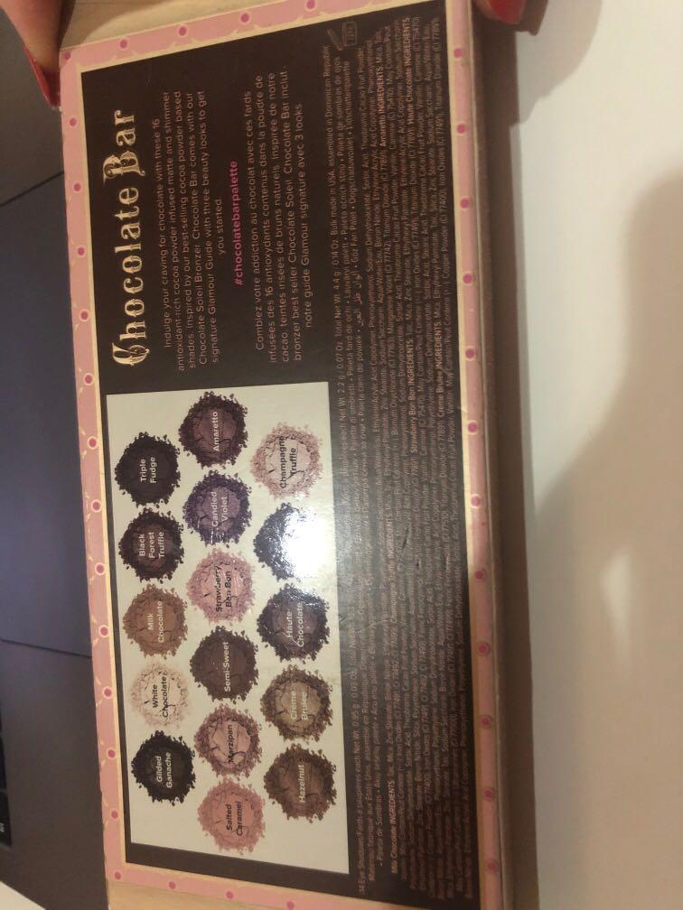 TOO FACED Chocolate Bar Eyeshadow Palette (Category: Makeup) located in Quezon City. Submitted by ari.sells (Listing ID 1010888638, Image 3). Description: Received late March Cover is a bit loose (9/10 condition) Used only twice RFS: need school funds Negotiable OG PRICE: P2,928 (bought via sephora ph).