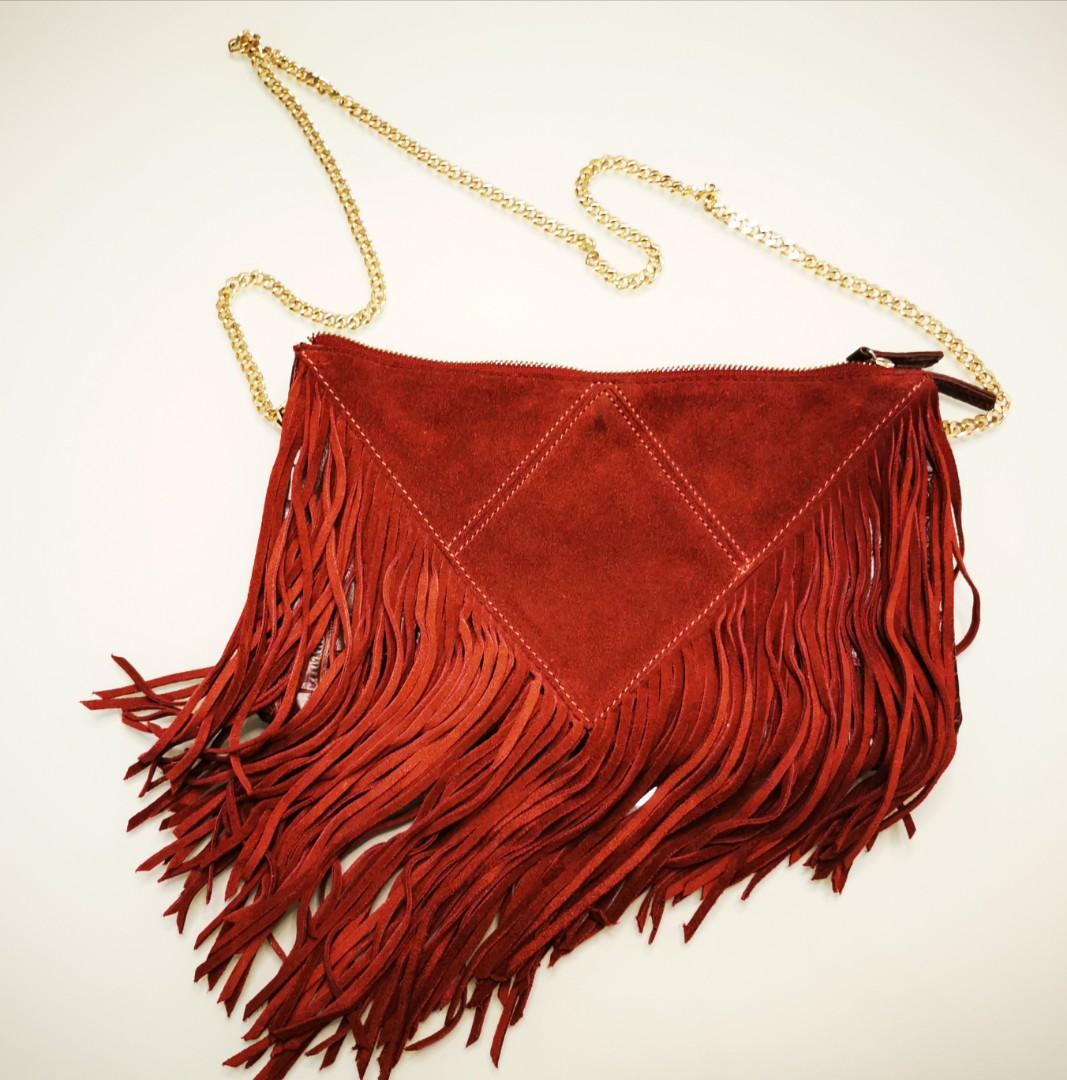 Zara Trafaluc Burgundy Leather Fringe Handbag Dark Cherry