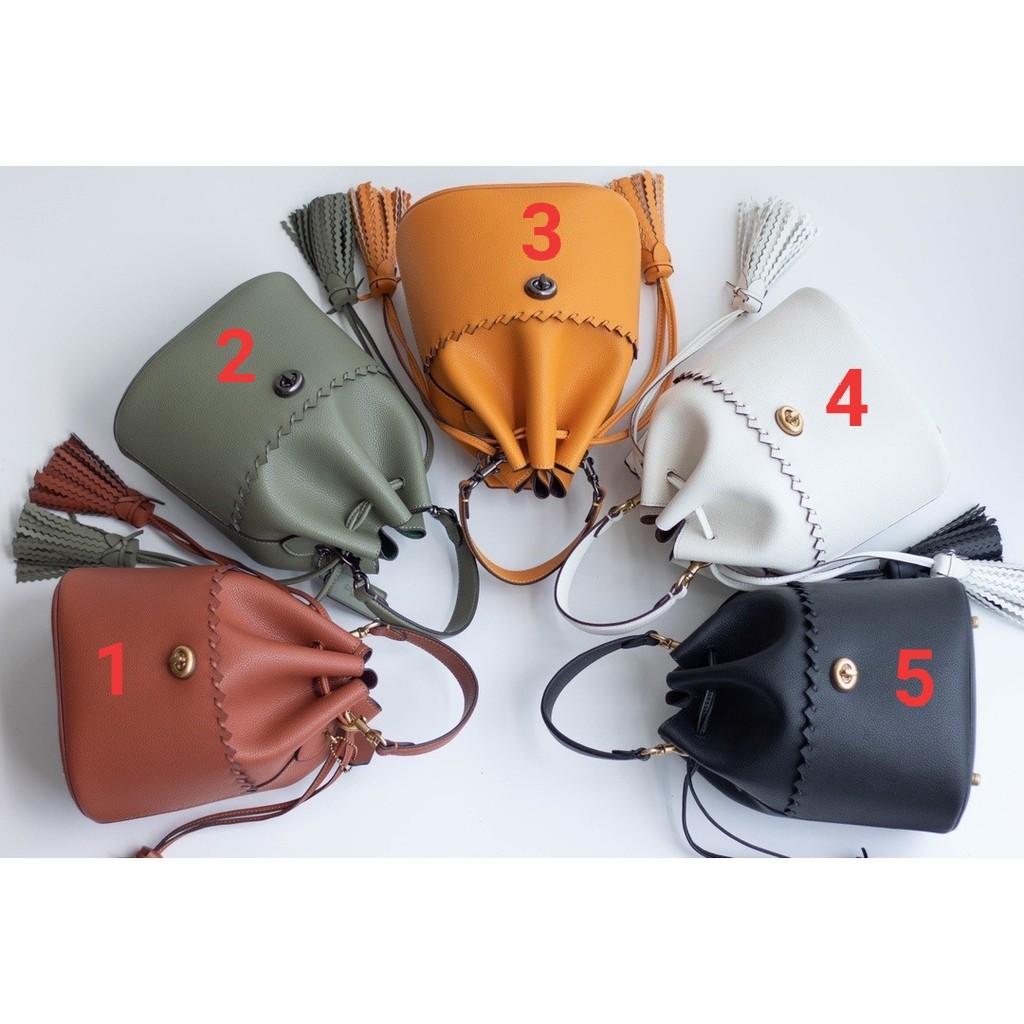 Whipstitch pebble leather lora drawstring bucket bag outlet