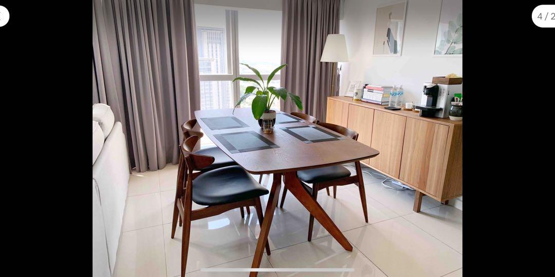 Dining Table Set (Solid Walnut Wood) (Category: Tables & Sets) located in Petaling Jaya. Submitted by bcyk21 (Listing ID 1017369260, Image 1). Description: Moving out sale! Save more than RM1,000 on a mint condition solid wood dining table + 4 dining chairs from Joy Design Studio. Timeless design. Barely used as it was for a second home, but I’m moving away. Potted plant not included! Price negotiable. Please arrange for self-collection from Peta