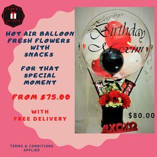 Let Your Fingers Do The Shopping! From $75, Be Different!! "Birthdays" HotAir Balloon With Fresh Flowers Bouquet & Snack (Free Delivery)