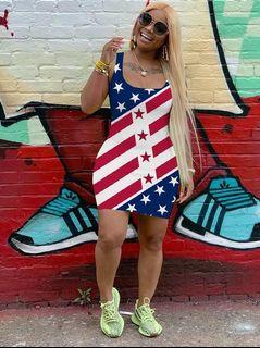 Blue-White American Flag Pattern Independence Day Square Neck Bodycon Mini Dress