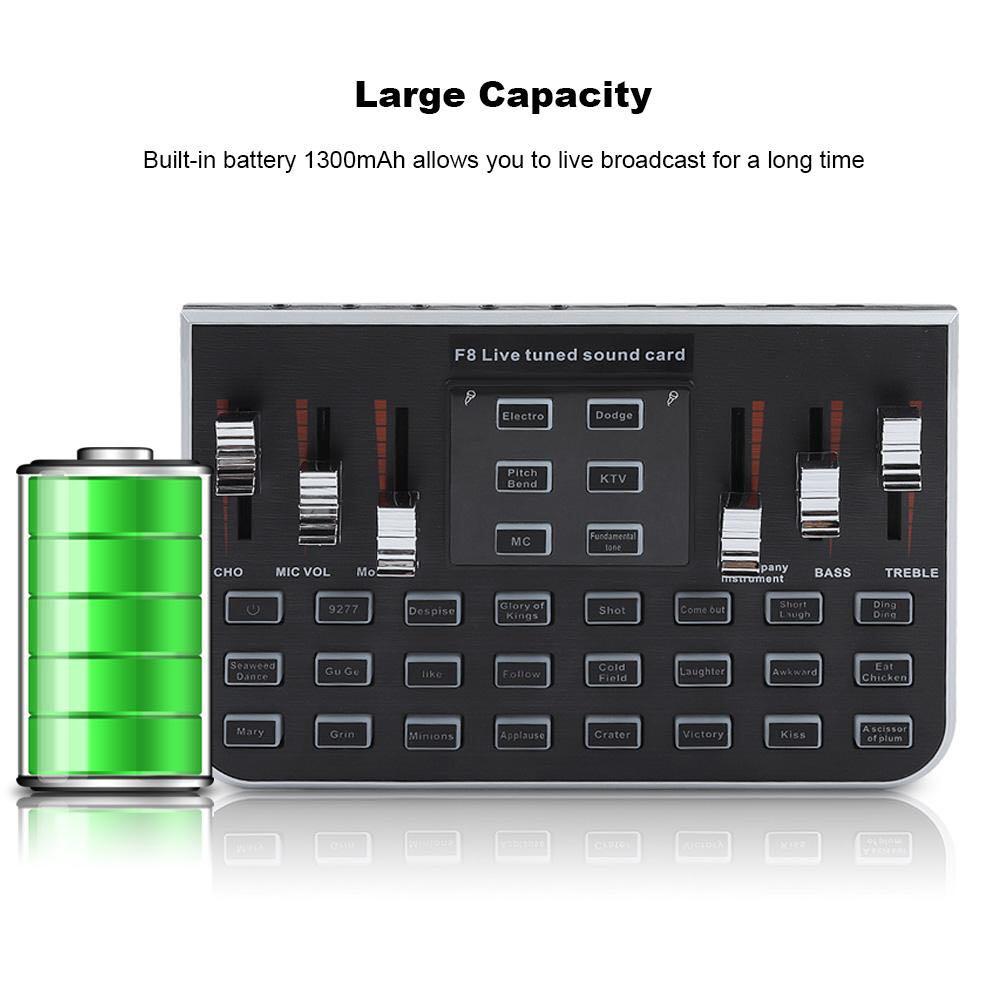 F8 Sound card (Category: Soundbars, Speakers & Amplifiers) located in Manila. Submitted by sdfsolutions (Listing ID 1011401964, Image 2). Description: Specification: Type: Sound Card for Live Broadcast Model: F8 Built-in battery capacity: 1300mA Power: 0.5mW Charging power supply: DC5V/1A Weight: Approx. 581g Package list: 1 * Charging Cable 1 * Recording Cable 1 * Accompaniment Cable 1 * Sound Card 1 * Instruction Manual Tags: Sound card F8 Cond